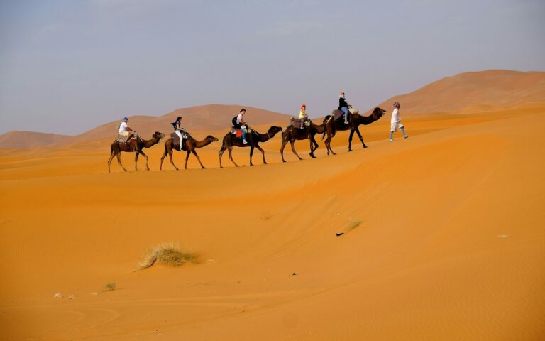 Caravana de camelos nas dunas do deserto do Saara em Merzouga, Marrocos