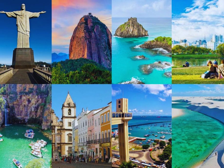 Mosaico de destinos de viagens pelo Brasil, como Rio de Janeiro, Fernando de Noronha, Salvador e Lençóis Maranhenses